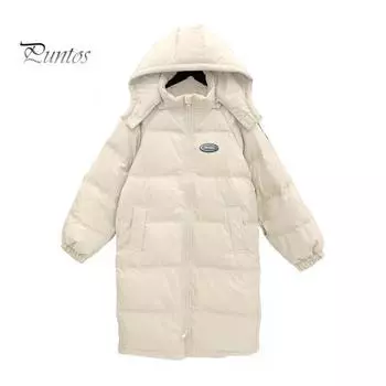 Зимнее пуховое пальто Утолщенный стеганый капюшон Воротник-стойка Длина выше колена Карманы Застежка-молния Ветрозащитный Сохранение тепла Теплый Повседневный Холодная Погода S чёрный