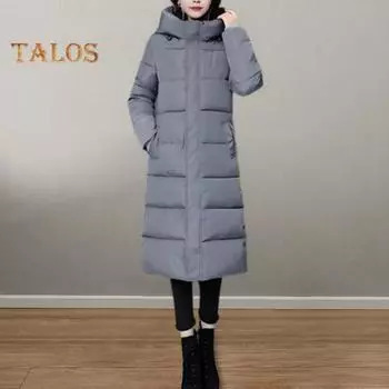 Зимнее пуховое пальто Утолщенный стеганый капюшон Воротник-стойка Длина до колена Карманы Застежка-молния Ветрозащитный Сохранение тепла Теплая повседневная верхняя одежда для холодной погоды M серый