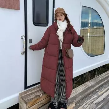 Зимнее пуховое пальто Утолщенный воротник-стойка Защита шеи Карманы Застежка-молния Ветрозащитный Сохранение тепла Повседневная верхняя одежда для холодной погоды Хлопок S вино красного