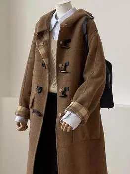 Зимнее ретро пальто в университетском стиле в клетку с роговыми пуговицами-клевантами, двустороннее шерстяное пальто прямого кроя, длинное шерстяное пальто женское S90-60 kg темно-коричневого