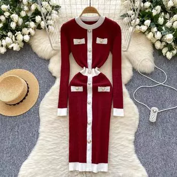 Зимнее ретро-платье для пожилых людей с круглым вырезом и пуговицами, дизайн во Франции, элегантное облегающее шикарное женское осеннее повседневное платье-свитер миди One Size красный