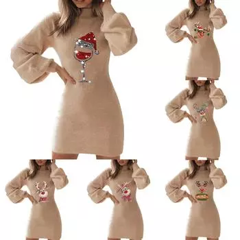 «Зимнее рождественское облегающее платье с принтом и рукавами-фонариками 2023 года» Small