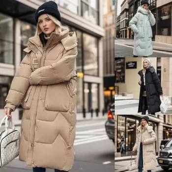 Зимнее съемное хлопковое пальто с капюшоном для женщин, утепленное хлопковое пальто средней длины выше колена для женщин больших размеров XXXL чёрный