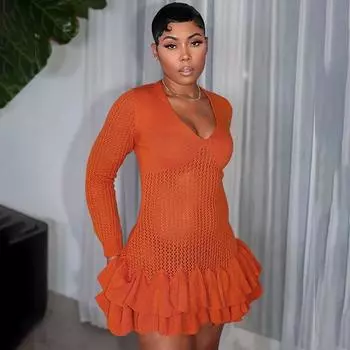 Зимнее сексуальное облегающее платье с глубоким V-образным вырезом и длинными рукавами, короткое платье с деревянными ушками и запахом на ягодицах S серый