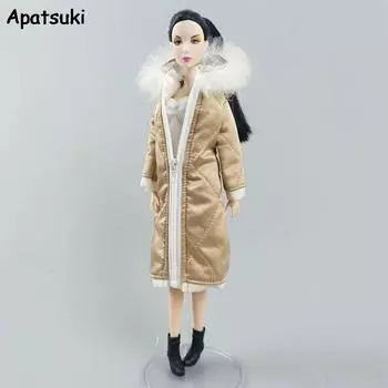 Зимнее шампанское длинное пальто на молнии с шапкой наряды одежда для кукол Барби куртка одежда для 1/6 куклы BJD аксессуары для детей чёрный