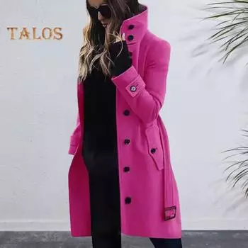 Зимнее шерстяное пальто больших размеров с высоким воротником, однобортное, с поясом, длинные рукава, плотная однотонная куртка для свиданий, покупок, пальто для активного отдыха M жёлтый