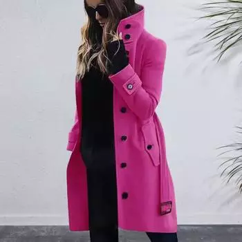 Зимнее шерстяное пальто больших размеров с высоким воротником, однобортное, с поясом, длинные рукава, плотная однотонная куртка M жёлтый