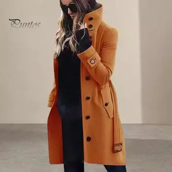 Зимнее шерстяное пальто больших размеров с высоким воротником, однобортное, с поясом, длинные рукава, плотная однотонная куртка для свиданий, покупок, пальто для активного отдыха M жёлтый