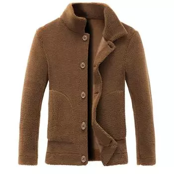 Зимнее шерстяное пальто из искусственного меха, мужское пальто с отложным воротником и пуговицами, черно-коричневая повседневная куртка, верхняя одежда, утепленное пальто больших размеров L коричневый