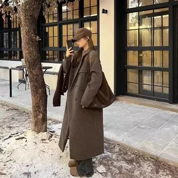 Зимнее шерстяное пальто женское высокого класса модное повседневное пальто свободного фасона L кофейный