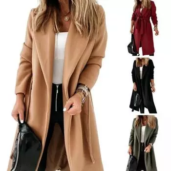 Зимнее шерстяное женское пальто с поясом на шнуровке, свободное однотонное пальто с отложным воротником, кардиган с длинными рукавами, средней длины, куртка для свиданий и поездок на работу M вино красного