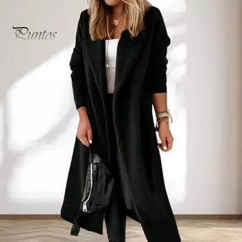 Зимнее шерстяное женское пальто с поясом на шнуровке, свободное однотонное пальто с отложным воротником, кардиган с длинными рукавами, средней длины, куртка для свиданий и поездок на работу M армия зеленый