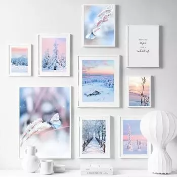 Зимнее снежное дерево, лес, холм, мост, бабочка, плакаты на скандинавскую тему и принты, настенная живопись на холсте, современные картины для гостиной A4 21X30cm No Framed