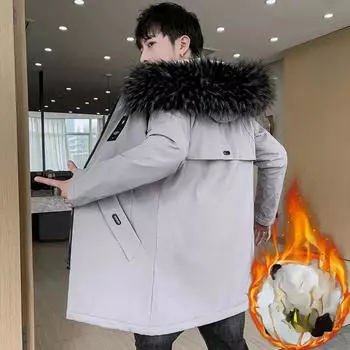 Зимнее стеганое пальто, мужская модная повседневная универсальная куртка средней длины с капюшоном, а также вельветовая подкладка, защищающая от холода, свободные парки S чёрный