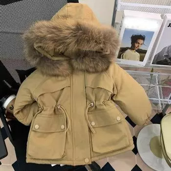 Зимнее стеганое пальто с капюшоном для девочек, теплая стеганая парка для девочек, детская хлопковая куртка 100cm хаки