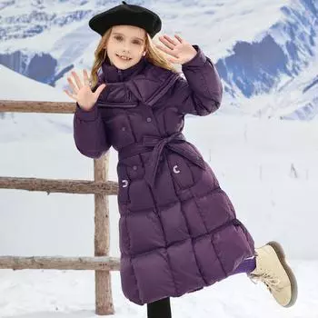 Зимнее стеганое пальто средней и длинной длины для девочек, водонепроницаемое, с большим лацканом, с поясом на талии, детская верхняя одежда, зимний комбинезон 170cm чёрный