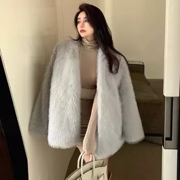 Зимнее, свободное среднее и длинное атмосферное плюшевое пальто темпераментное искусственное меховое пальто из лисы для женщин one size fits all белый