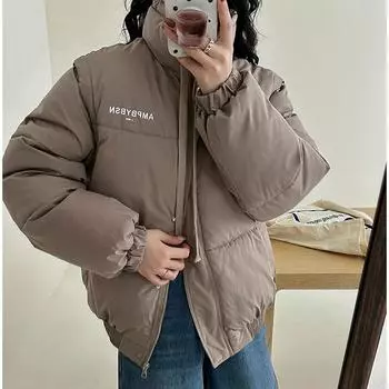 Зимнее свободное утолщенное хлопковое короткое пальто со стойкой и съемным воротником для женщин и пар S