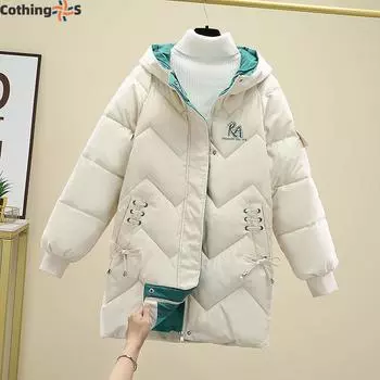 Зимнее свободное утолщенное женское пальто средней длины с длинным рукавом и капюшоном L бежевый