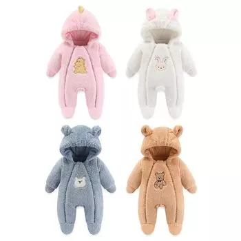Зимнее теплое флисовое боди с капюшоном для малышей, милый комбинезон в животном стиле 59
