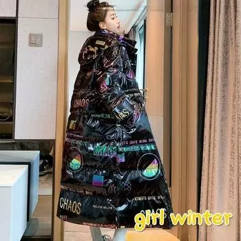 Зимнее теплое и удобное длинное хлопковое пальто свободного кроя с красивым принтом для женщин S белый