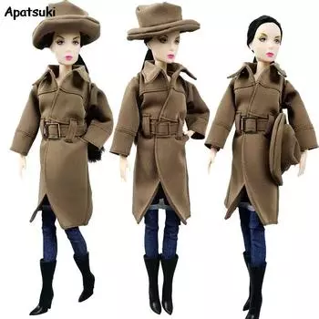Зимнее теплое модное офисное пальто цвета хаки для куклы Барби, одежда, шляпа для куклы Барби, черные туфли на высоком каблуке для куклы BJD 1:6 серый