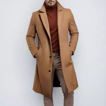 Зимнее теплое мужское шерстяное пальто с отворотом, модная винтажная куртка среднего размера S