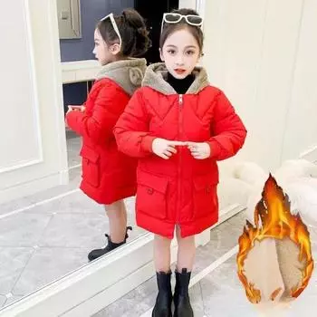 Зимнее теплое пальто для девочек, бархатная куртка для девочек, модная длинная парка с капюшоном и милым медведем, детская верхняя одежда для подростков 4, 6, 8, 10, 12 лет 170 красный