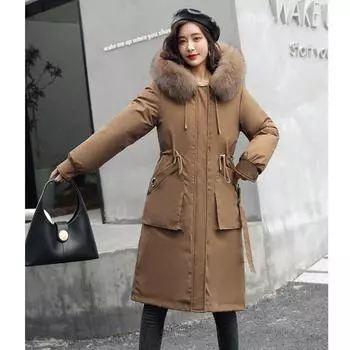 Зимнее теплое пальто женское с большим меховым воротником и капюшоном, хлопковая длинная куртка, женская парка, верхняя одежда для женщин M