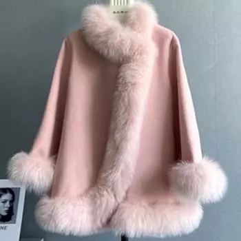 Зимнее теплое пончо-каппа для женщин с искусственным мехом лисы и рукавами «летучая мышь» из искусственного кашемира, свободное пальто-плащ S розовый