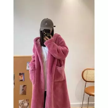 Зимнее теплое солнце ленивый ветер овечья шерсть стриженый мех интегрированный капюшон длинное пальто шуба женская зима S какао