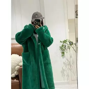 Зимнее теплое солнце ленивый ветер овечья шерсть стрижка мех интегрированный корейский вариант с капюшоном длинное пальто шуба женская зима S какао