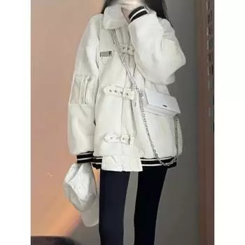 Зимнее теплое толстое белое пальто для женщин, шикарный пояс, лоскутный дизайн, свободная куртка, женская мода, повседневная, с длинным рукавом, 2024, новинка в верхней одежде S белый
