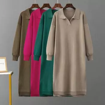 Зимнее теплое толстое вязаное свободное платье, женский свитер, платье с разрезом, модные осенние корейские женские поло с вырезом поло, повседневные мягкие платья большого размера One Size бежевый
