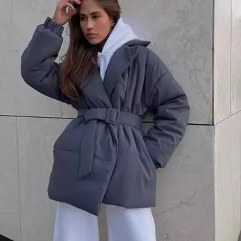 Зимнее теплое утолщенное женское пальто с отложным воротником и поясом, однотонные повседневные пальто с хлопковой подкладкой, куртка S чёрный