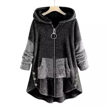 Зимнее теплое женское флисовое пальто с длинным рукавом с плюшевым мишкой на молнии, свободная куртка с капюшоном, однотонная верхняя одежда