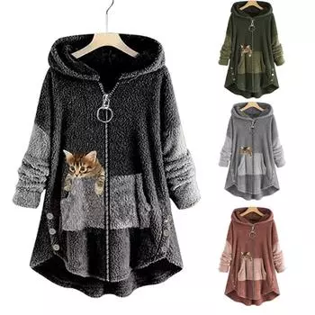 Зимнее теплое женское флисовое пальто с длинным рукавом с плюшевым мишкой на молнии, свободная куртка с капюшоном, однотонная верхняя одежда