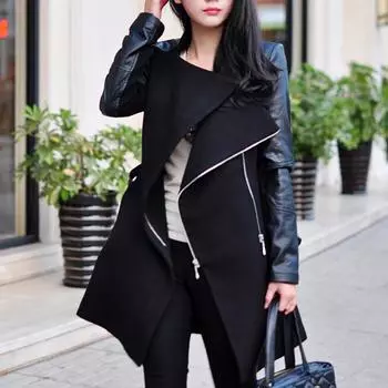 Зимнее теплое женское кожаное лоскутное длинное пальто на молнии S чёрный