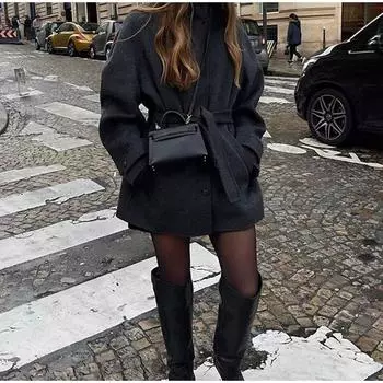 Зимнее теплое женское пальто на шнуровке, однотонное винтажное однобортное пальто, модная осенняя женская новая ретро-куртка S чёрный