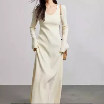 Зимнее теплое женское трикотажное платье элегантное с V-образным вырезом плотное платье А-силуэта коричневое с длинным рукавом винтажное миди повседневные платья для женщин One size кофейный