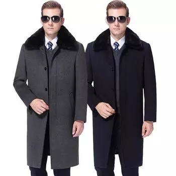 Зимнее толстое длинное пальто из кашемировой шерсти для мужчин среднего и пожилого возраста, съемное, с бархатной подкладкой, воротником из натурального меха, свободное пальто 165