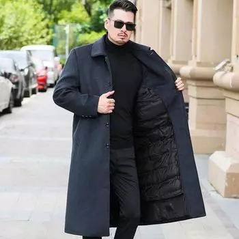 Зимнее толстое мужское шерстяное пальто с отворотом для людей среднего и пожилого возраста, длинное шерстяное пальто со съемной подкладкой из пуха и меховым воротником 165