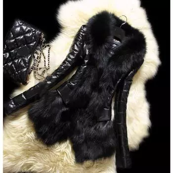 Зимнее тонкое женское пальто из искусственной кожи с искусственным мехом, повседневное пушистое пальто, черная куртка с воротником из искусственного меха, пальто XS чёрный