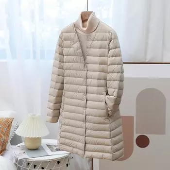 Зимнее ультралегкое пальто с круглым вырезом для женщин, осенне-зимняя куртка средней длины, тонкая теплая, базовая стеганая куртка M