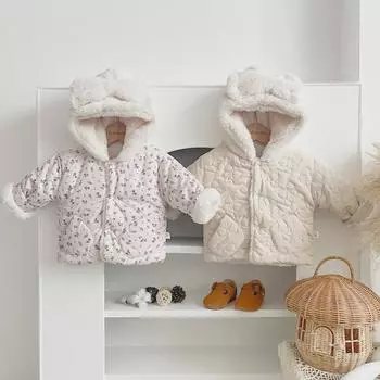 Зимнее утепленное пальто в корейском стиле с капюшоном и бантом для девочек - теплая, симпатичная хлопковая куртка 66 cm бежевый