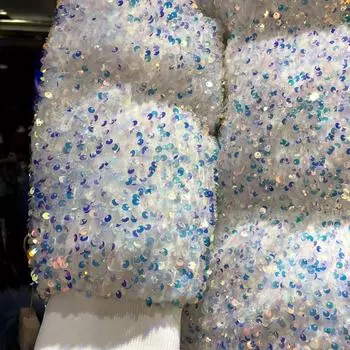 Зимнее утепленное пуховое пальто с разноцветными пайетками, куртка-бомбер с хлопковой подкладкой, расшитая бисером, парка на молнии, кардиган с воротником-стойкой M белый