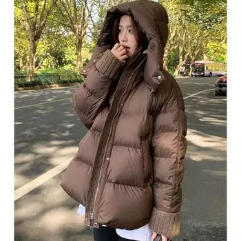 Зимнее утепленное женское пальто с объемным воротником из овечьей шерсти M чёрный