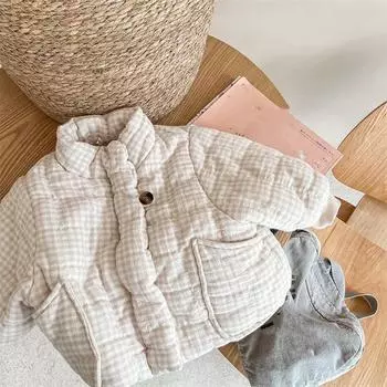 Зимнее утолщенное хлопковое пальто для девочек с длинным рукавом и круглым вырезом в клетку 130 бежевый