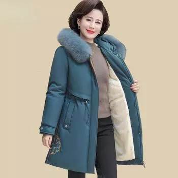 Зимнее утолщенное хлопковое пальто с флисом для мамы с вышивкой XL синий