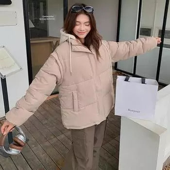 Зимнее утолщенное хлопковое пальто женская куртка свободная короткая пуховая хлопковая куртка верхняя одежда S бежевый